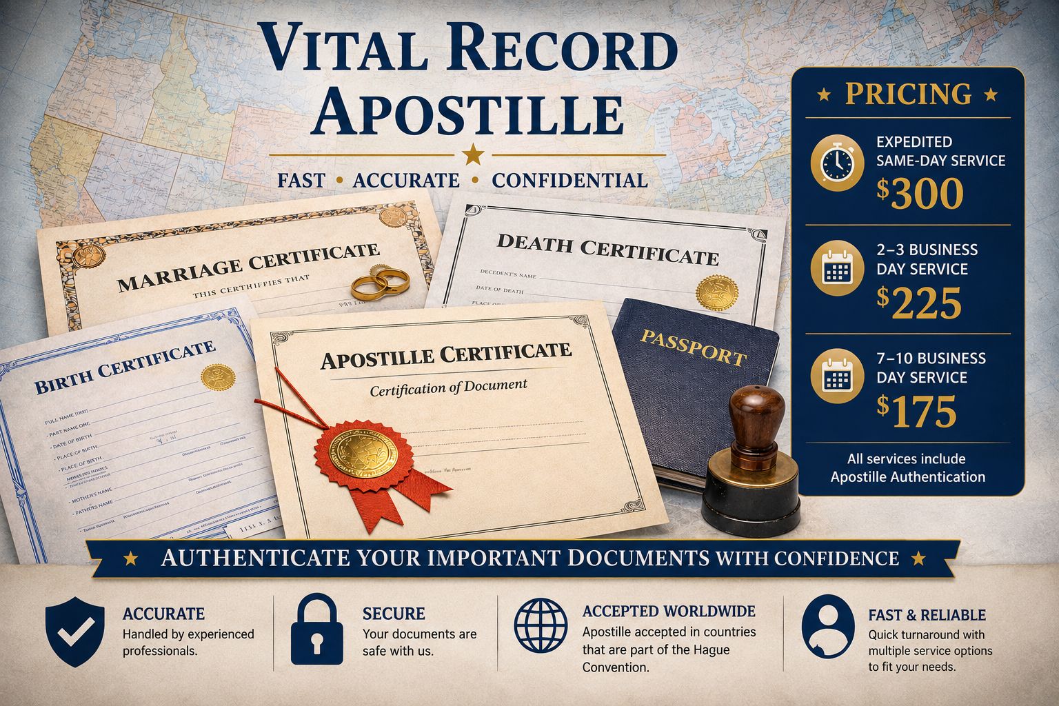 Vital Record Apostille Services for birth, marriage, and death certificate authentication.